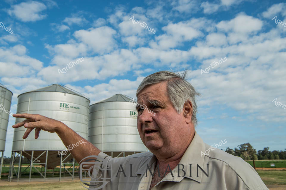 Weathered and wise, a seasoned agricultural professional surveys his grain storage infrastructure against a quintessential Australian rural backdrop. Metallic HE brand grain silos gleam silver-white under a classic expansive sky mottled with soft cumulus clouds, capturing the essence of broad-acre farming. The subject, an experienced farmer with grey hair and a contemplative expression, gestures towards the agricultural storage system, his posture suggesting decades of agricultural knowledge and connection to the land. His light-colored collared shirt and sun-weathered complexion speak to countless hours working outdoors, embodying the resilient spirit of rural Australian agricultural communities. The meticulously maintained silos stand as silent sentinels, representing technological investment and agricultural preparedness in a landscape that demands both innovation and traditional farming wisdom. This image encapsulates the intersection of modern agricultural infrastructure and generational farming expertise, a powerful narrative of Australian agricultural sustainability and economic strength.