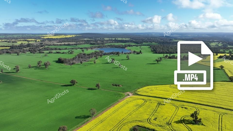 A stunning aerial view of the Western Australian landscape, showcasing lush green pastures and vibrant yellow canola or wheat fields. The scenic rural terrain features scattered trees, a small lake, and rolling farmlands that stretch to the horizon under a bright blue sky with scattered clouds.