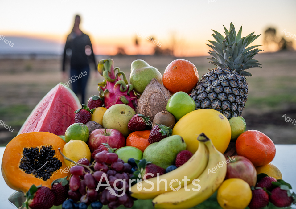 A vibrant cornucopia of tropical and temperate fruits bursts with color against the soft twilight landscape of the Darling Downs region. Luscious watermelon, gleaming pineapple, sun-kissed oranges, and a rainbow of berries cascade across the foreground, showcasing Queensland's extraordinary horticultural bounty. Strawberries, grapes, bananas, and exotic dragon fruit intermingle with familiar apples and pears, creating a stunning display of agricultural diversity that speaks to the rich growing conditions of the region. In the blurred background, a solitary figure stands silhouetted against the golden-pink sunset, symbolizing the connection between agricultural workers and the abundant produce they cultivate. The meticulously arranged fruit collection captures the essence of winter in Queensland - a season of remarkable fertility and agricultural productivity. This composition celebrates the incredible variety and quality of produce from the Darling Downs, highlighting the skill and dedication of local farmers who transform this landscape into a fertile paradise of fresh, colorful fruits.