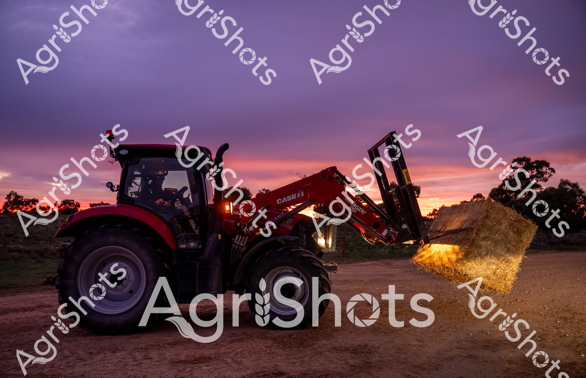 Twilight's golden hour bathes a rugged Case IH tractor in warm, dramatic light, capturing the essence of Australian rural machinery at work. The powerful red tractor, equipped with a robust front loader, delicately maneuvers a golden hay bale against a stunning sunset sky painted in deep purples, burnt oranges, and soft pinks. Silhouetted trees frame the edges of a dusty rural landscape, highlighting the agricultural machinery's precision and strength as it performs essential farming tasks. The ground is a rich, textured earth tone, reflecting the harsh yet beautiful Australian agricultural environment. Soft evening light glints off the tractor's metallic surfaces, creating a sense of both technological sophistication and timeless rural tradition. This powerful scene encapsulates the spirit of modern Australian farming - technical prowess meeting the raw, elemental beauty of the land at the day's magical transition between light and darkness.