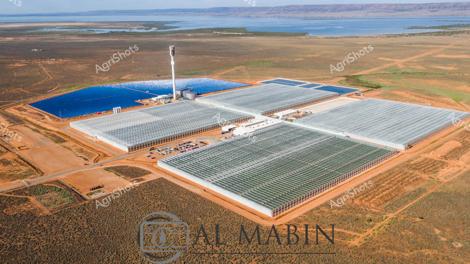 Vast agricultural innovation rises from the arid South Australian landscape - the Sundrop Farms greenhouse complex stands as a testament to sustainable agricultural technology. Expansive glass and metal greenhouse structures stretch across the desert terrain, creating a stark geometric contrast against the rusty earth and distant blue waters. A central white tower anchors the facility, surrounded by multiple greenhouse zones with transparent and blue-tinted sections, suggesting advanced climate control and water management systems. The complex represents cutting-edge agricultural engineering, transforming an unforgiving desert environment into a controlled production space for fresh produce. Sophisticated irrigation and solar technologies enable year-round crop cultivation in a region where traditional farming would be impossible. The panoramic vista reveals how human ingenuity can create productive agricultural systems in challenging landscapes, with carefully engineered structures harmonizing with the raw, open terrain of South Australia's coastal periphery.