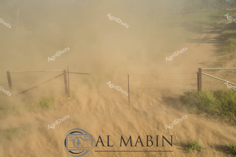 Thundering hooves and billowing dust paint a visceral portrait of pastoral life in Australia's unforgiving Northern Territory. A powerful cattle drive surges across a sun-baked station track, with fine ochre earth churning into a dense atmospheric veil that obscures distant fence lines and scrub vegetation. The raw energy of livestock movement transforms the landscape, capturing the intense physicality of mustering - a quintessential practice of outback cattle management. Robust timber fence posts punctuate the scene, defining boundaries across this expansive pastoral terrain where heat, dust, and animal momentum converge in a timeless agricultural ritual. The muted golden-brown palette speaks to the harsh, sun-bleached environment, where resilience and skill are everyday requirements for those who work these remote cattle stations. This dynamic image encapsulates the spirit of Australian agricultural practice - unrelenting, powerful, and intimately connected to the brutal beauty of the landscape.