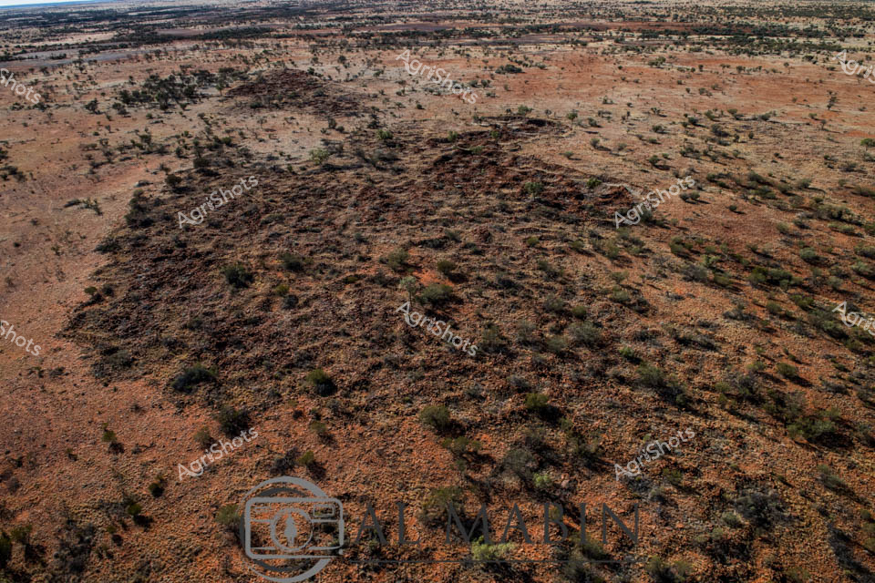 Vast arid terrain unfurls across the Australian interior, revealing the rugged essence of remote pastoral landscapes. Burnt sienna and ochre earth tones dominate the expansive view, punctuated by sparse scrubland and weathered vegetation clusters. This aerial perspective captures the challenging environment of a remote cattle station, where resilient vegetation clings to rocky, sun-baked ground that stretches towards a distant horizon. Scattered bushes and low shrubs create a mottled texture across the undulating terrain, demonstrating the harsh yet intricate ecosystem of inland Australia. The landscape speaks to generations of pastoral management, where agricultural stewardship meets unforgiving natural conditions. This panoramic view encapsulates the stark beauty and environmental complexity of Australia's agricultural heartland, where survival depends on intimate understanding of marginal lands.
