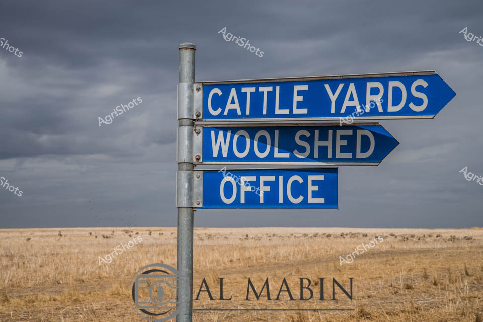 A blue directional sign post points toward Cattle Yards, Woolshed, and Office facilities at a rural property in Victoria. The weathered metal signage stands against a backdrop of golden stubble paddock under stormy grey clouds, highlighting the essential infrastructure of Australian agricultural operations. The stark landscape and overcast sky create a quintessential rural scene typical of Victoria's farming regions.