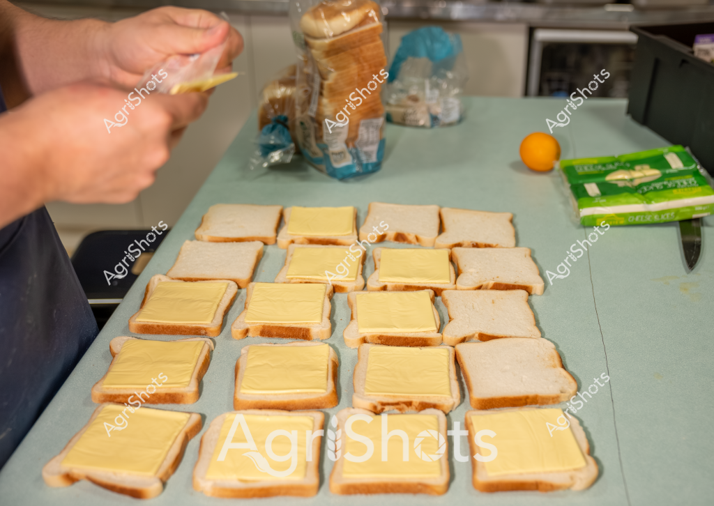 A person's hands are preparing a grid of white bread slices, systematically arranging them on a pale green surface in preparation for making multiple sandwich units. Slices of bread are evenly spaced, with some topped with a pale yellow spread - likely butter or margarine. In the background, a loaf of packaged bread is visible, along with a small orange fruit, possibly a mandarin or small orange, and the edge of a green package. The scene appears to be in a kitchen or food preparation area, with a methodical and organized approach to creating multiple identical sandwich bases. The careful, precise arrangement suggests this could be for commercial food preparation or a large-scale meal preparation task.