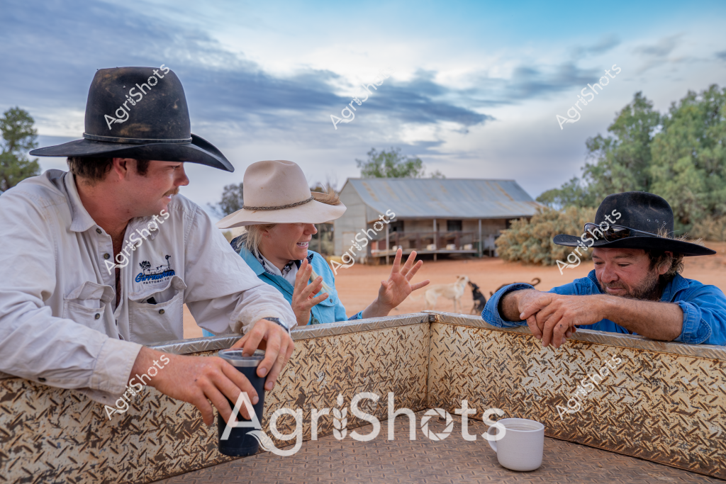 Three men in wide-brimmed Australian bush hats are engaged in conversation around a textured metal surface, with a rustic rural station building in the background. A white mug sits on the surface, suggesting an informal workplace discussion. The men are dressed in light-colored work shirts - white and blue - and appear to be agricultural workers or station hands, likely discussing daily operations or work plans. The setting looks like a remote Australian cattle station, with reddish dirt ground, scattered trees, and a corrugated iron shed, creating a quintessential outback rural atmosphere. The cloudy sky suggests early morning or late afternoon, with soft light casting subtle shadows across the landscape. Their body language and positioning indicate a collaborative, relaxed workplace interaction typical of Australian rural communities.
