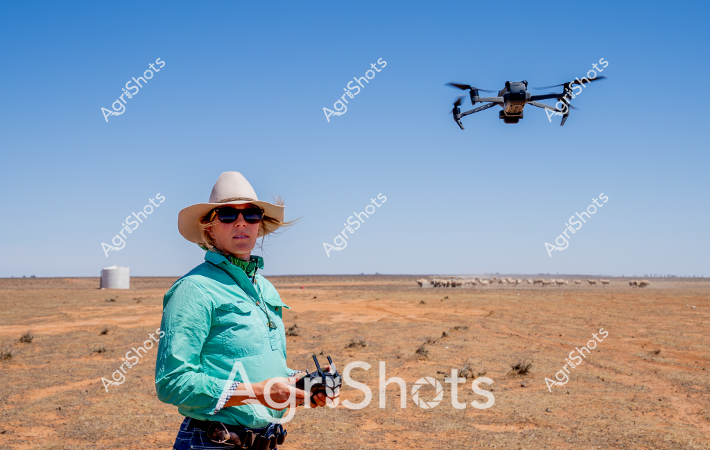 A woman agricultural worker operates a drone in a dry, expansive outback landscape, surveying livestock and monitoring farm conditions. Wearing a light turquoise long-sleeved shirt, a wide-brimmed sun hat, and sunglasses, she stands confidently in the arid terrain, controlling a quadcopter drone hovering above the reddish-brown earth. In the distant background, a small white water tank and a scattered herd of cattle can be seen, highlighting the remote and challenging agricultural environment. The clear blue sky and sparse, scrubby vegetation emphasize the harsh conditions of this rural Australian setting. The drone provides a critical tool for modern farm management, allowing for aerial surveillance and data collection across vast, hard-to-access properties.
