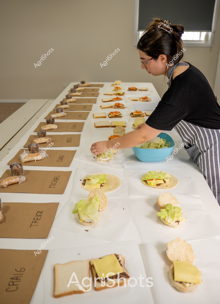 A woman in a black top and striped apron carefully prepares a series of sandwich samples in what appears to be a food testing or recipe development kitchen. Multiple brown paper labels are laid out, suggesting a systematic tasting or evaluation process. Sandwiches at various stages of preparation are arranged in neat rows, with fresh lettuce in a blue bowl and cheese slices being added to the components. The white table is covered with a clean cloth, and the setting looks like a professional culinary workspace with precise, methodical food preparation underway. The individual is meticulously arranging and constructing each sandwich, indicating a detailed and structured approach to food testing or recipe development.