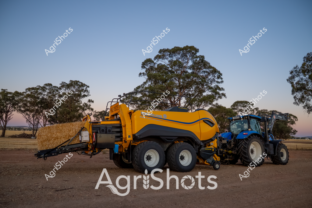 A powerful agricultural machinery scene captures a yellow New Holland round baler and blue tractor positioned in a dry, dusty rural paddock at sunset. The large round baler, gleaming in bright yellow with sleek blue accents, stands ready to compress and package straw or hay bales, demonstrating modern agricultural technology. Eucalyptus trees frame the background, creating a classic Australian rural landscape with a soft, gradient sky transitioning from clear blue to muted evening tones. The machinery sits on parched, brown earth, suggesting dry seasonal conditions typical of Australian agricultural regions. Dual-wheeled configurations on both the tractor and baler highlight the robust engineering designed to handle challenging farming terrains and heavy workloads. The scene represents the sophisticated mechanization of contemporary Australian agricultural practices, where advanced equipment enables efficient crop and hay harvesting.