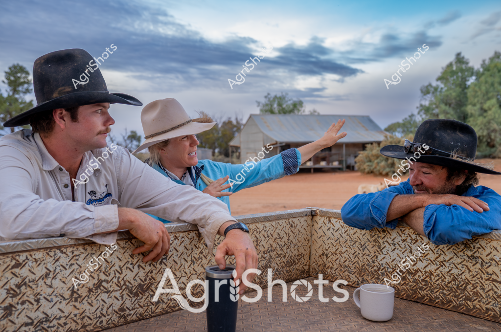 A group of three rural workers pause during their morning discussion, leaning against a textured metal utility vehicle with a rustic shed in the background. Two men and a woman, all wearing cowboy hats in black and beige, are dressed in blue and white work shirts typical of Australian rural attire. The landscape suggests an outback station or remote agricultural property, with a weathered tin shed and sparse trees visible under a cloudy dawn or dusk sky. A white coffee mug sits on the vehicle's surface, indicating a casual workplace moment of connection and conversation. The scene captures the collaborative spirit of Australian rural work, with the individuals appearing relaxed yet focused, their body language suggesting an ongoing discussion about station operations or daily tasks.

The environment speaks to the rugged nature of Australian agricultural work - a dusty, open landscape with muted earth tones of red soil, gray-blue sky, and the weathered textures of rural infrastructure. Their attire and posture reflect generations of farming culture, where communication and teamwork are as critical to success as hard work and resilience.