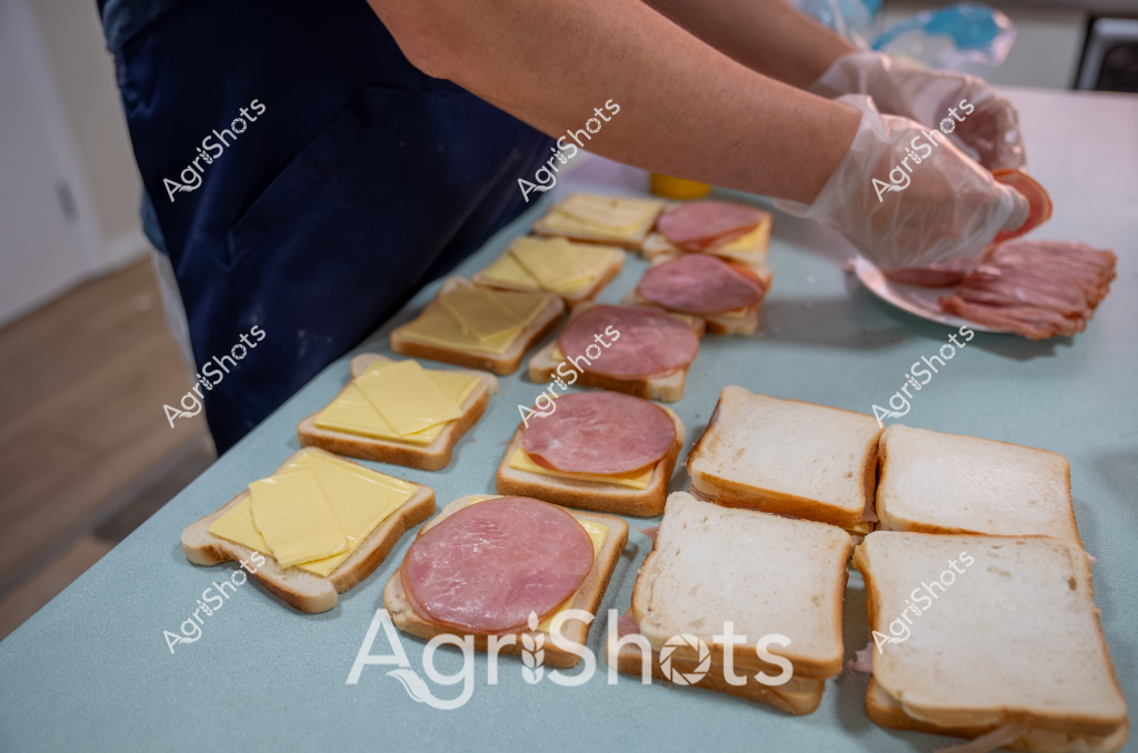 A person wearing white gloves and a dark blue apron is assembling ham and cheese sandwiches on a clean kitchen surface. Slices of white bread are arranged systematically, with square yellow cheese slices and round pink ham pieces carefully positioned on alternating bread slices. The hands are methodically placing ham onto the sandwiches, suggesting a professional food preparation environment, likely in a commercial kitchen or food service setting. The precise, organized layout indicates attention to detail and standardized food production techniques. The neutral color palette of white, pale yellow, and pink creates a clean, appetizing visual composition.