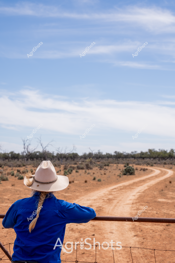 A woman in a bright blue work shirt and white cowboy hat stands at a fence, gazing across a vast, arid Australian landscape. The scene captures a quintessential outback vista with a winding dirt track stretching through sparse, reddish-brown terrain dotted with low scrub and scattered trees in the distant background. The wide-open sky is a soft blue with wispy clouds, creating a sense of expansive solitude typical of rural Australian regions. Her back is turned, showing her observing the rugged landscape, her braided hair visible beneath her hat - embodying the resilience and quiet contemplation of rural workers. The image conveys a powerful sense of isolation, connection to land, and the enduring spirit of agricultural workers in challenging environments.