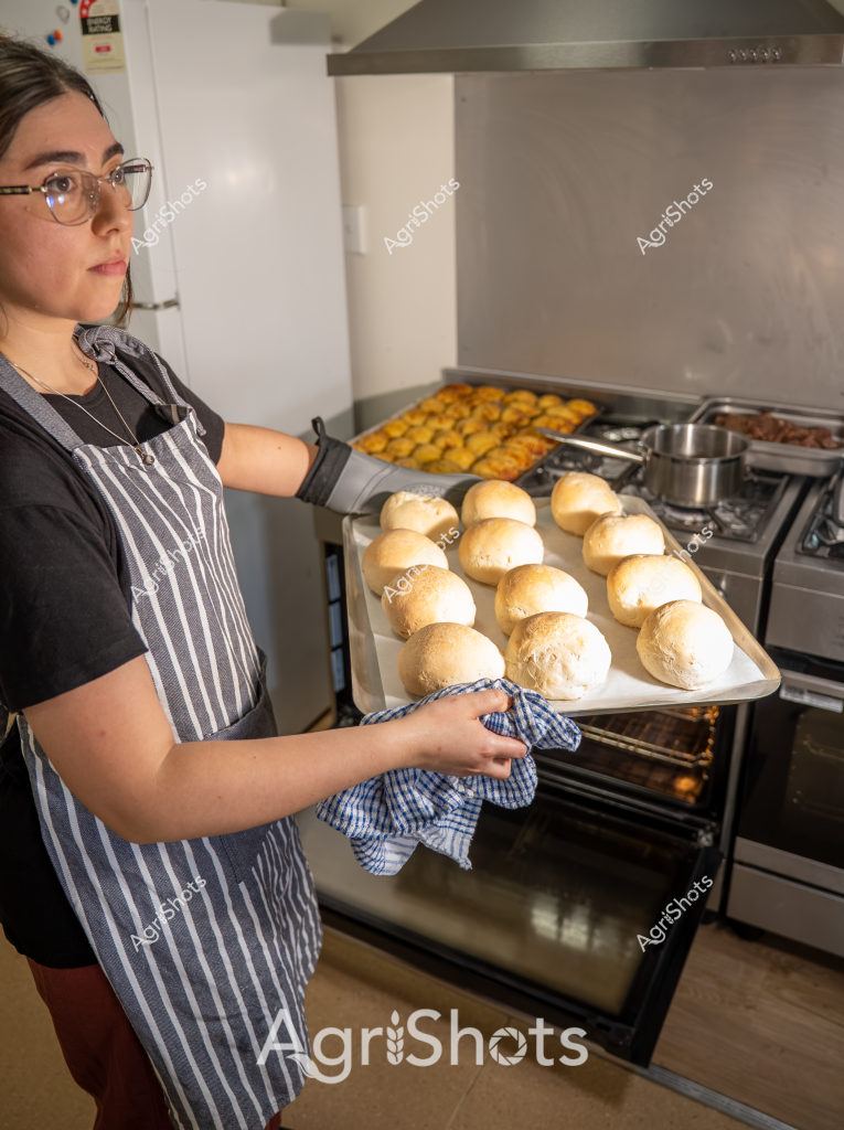 A woman baker wearing glasses and a striped apron carefully holds a baking tray of freshly baked bread rolls in a professional kitchen. The round, golden-brown bread rolls are perfectly uniform, arranged neatly on a white baking sheet. In the background, a tray of yellow-golden baked items - possibly pastries or cookies - can be seen on the stovetop. The kitchen environment is clean and professional, with stainless steel surfaces and a modern oven. Her careful handling of the tray and crisp white and blue checkered kitchen towel suggest precision and care in her baking process. The soft natural lighting and her focused expression highlight the craftsmanship of artisan bread-making.
