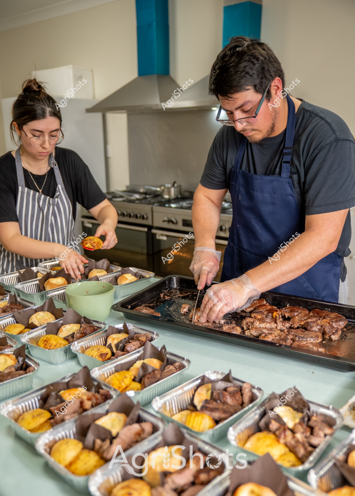 Two culinary professionals prepare meal packages in a commercial kitchen, carefully portioning cooked meat and side dishes into individual aluminum containers. A woman wearing a striped apron and a man in a navy blue apron work methodically, with the woman adding garnishes and the man cutting and arranging grilled meat on a large baking tray. Multiple pre-prepared meal trays are arranged across the kitchen counter, each containing what appears to be roasted meat, golden-yellow side dishes, and darker accompaniments. The kitchen environment is clean and organized, with a stainless steel stove and range hood visible in the background, suggesting a professional food preparation setting. The workers are focused and precise, wearing protective gloves and aprons, indicating a systematic approach to meal packaging and potentially a catering or meal delivery service operation.

The scene captures the careful craftsmanship of food preparation, with each meal tray meticulously assembled to ensure consistent portion sizes and appealing presentation. Their coordinated work suggests a well-practiced team efficiently producing what looks like a batch of ready-to-serve meals.