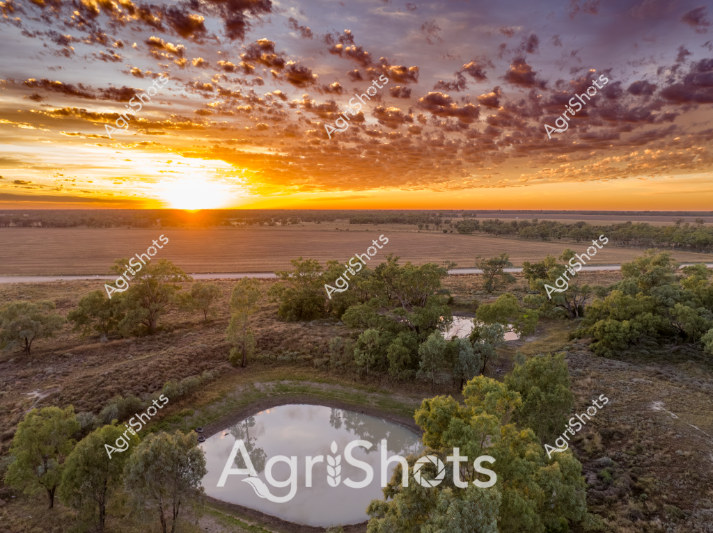 A stunning aerial landscape capturing a serene rural waterhole at sunset in the Australian outback. The circular water dam is nestled amidst scattered eucalyptus trees, surrounded by dry grasslands and harvested paddocks stretching toward a dramatic golden horizon. Luminous clouds in rich amber, orange, and purple tones create a breathtaking sky, with the sun dramatically breaking through and casting warm light across the landscape. The water dam reflects the surrounding landscape, creating a mirror-like surface that captures the tranquil essence of rural Australian agricultural terrain. Sparse trees frame the waterhole, providing essential water infrastructure for farming properties in what appears to be a dry, semi-arid region. The expansive scene showcases the resilience and careful water management crucial to Australian agricultural landscapes, highlighting the strategic placement of water resources in challenging environmental conditions.