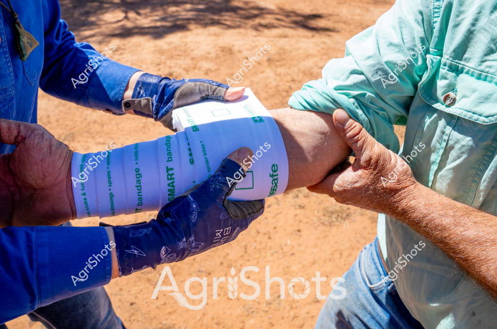 A man in blue work gloves carefully applies a white medical bandage to another person's arm in an outdoor setting with reddish-brown dirt ground and dappled sunlight. The detailed medical bandage appears to be a standard clinical wrap, with green text visible along its surface. Wearing protective blue long-sleeved work attire and gloves, the person applying the bandage demonstrates careful, professional technique while the recipient sits passively. The scene suggests a routine medical assessment or first aid treatment in a rural or agricultural environment, with the earthy background indicating an outdoor workplace setting. The hands appear weathered, suggesting experienced workers engaged in a practical healthcare moment.