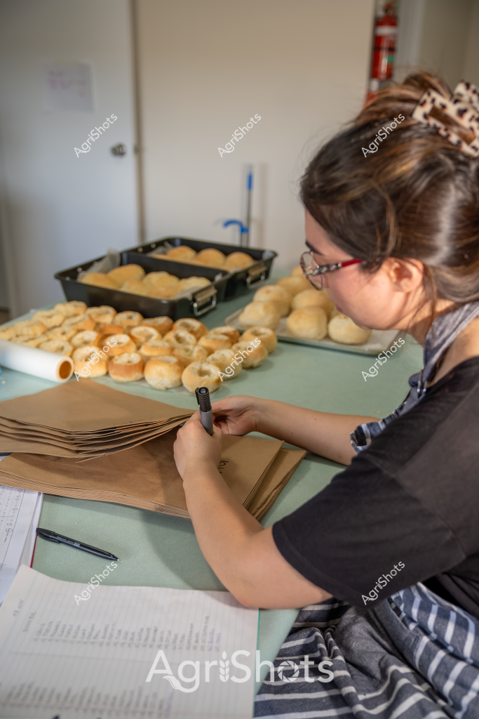 A woman in glasses and a black shirt carefully prepares baked goods packaging, surrounded by freshly baked rolls and bread rolls on a mint green work surface. Multiple trays of golden-brown bread products are neatly arranged, showing a methodical approach to food preparation. Brown paper bags are stacked ready for packaging, with a notebook and pen nearby suggesting detailed record-keeping or order processing. The scene captures a moment of careful craftsmanship in what appears to be a commercial bakery or small-scale food production environment, highlighting the precision and attention to detail required in food preparation and packaging.

The image showcases the behind-the-scenes work of food production, with the woman meticulously organizing and preparing to package the bread products. Her hair is pulled back, and she is focused on her task, demonstrating the professional approach to small-scale food manufacturing. The clean, organized workspace and uniform golden-brown color of the bread rolls suggest a high level of quality control and consistent production methods.