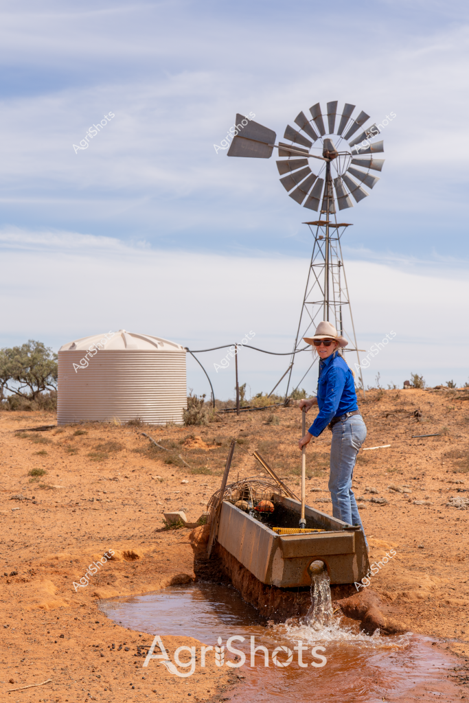 A woman in a blue long-sleeved shirt and wide-brimmed hat stands beside a windmill and water tank in a stark, arid Australian outback landscape. She is positioned near a rustic water trough where water is flowing, indicating a critical rural water infrastructure setup typical of remote pastoral properties. The scene captures the challenging environment of inland Australia, with reddish-brown soil, sparse vegetation, and a pale blue sky suggesting dry, hot conditions. The traditional windmill towers overhead, its metal blades positioned to catch wind and pump groundwater, while the corrugated steel water tank provides essential water storage. This image exemplifies the resilience and ingenuity of Australian farmers in managing water resources in harsh, drought-prone regions, showcasing the essential infrastructure that supports agricultural activities in remote areas.