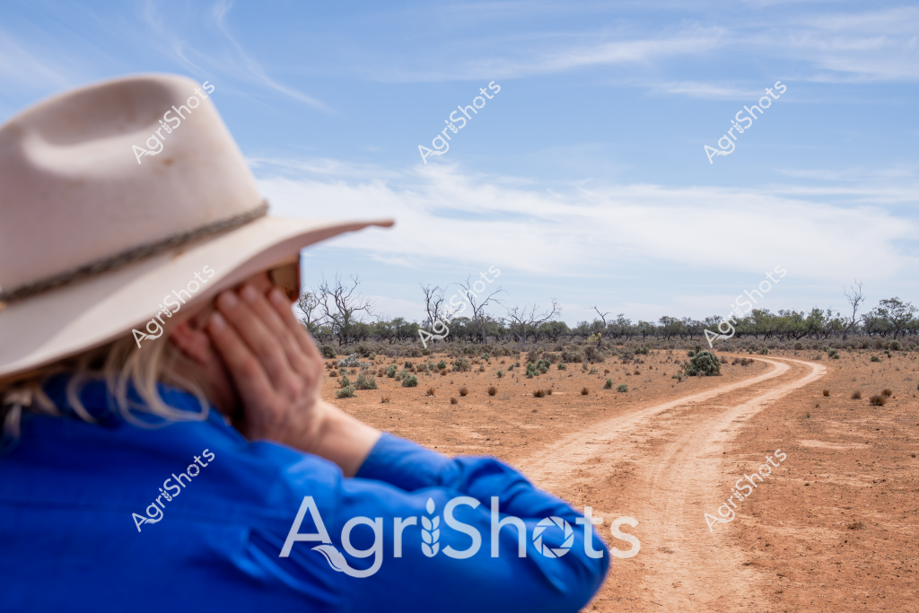 A woman in a blue shirt and wide-brimmed hat looks out over a dusty rural landscape in the Australian outback. The dirt track winds through a sparse, arid terrain of reddish-brown earth, scattered low shrubs, and bare, skeletal trees on the distant horizon. Dry, drought-affected grasslands stretch towards a pale blue sky with wispy clouds, capturing the harsh conditions of a remote agricultural region. Her pose - seated with her back to the camera, hand resting near her hat - suggests contemplation of the challenging environmental conditions facing rural Australian farmers and graziers. The image powerfully communicates the isolation, resilience, and connection to land that characterizes life in Australia's agricultural heartland.