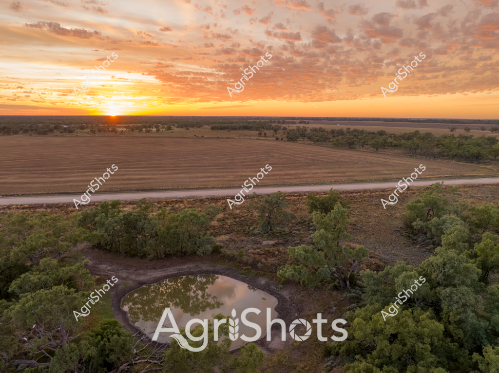 A stunning aerial vista captures a rural landscape at sunrise, showcasing the beautiful Australian agricultural terrain. A winding creek or dam nestles among dense green trees in the foreground, its reflective surface mirroring the dramatic orange and golden sky. Expansive plowed agricultural fields stretch across the mid-ground, bordered by native bushland and trees, with a dirt road bisecting the landscape. The sunrise creates a breathtaking panorama of warm golden and amber hues, illuminating clouds that spread across the horizon in intricate patterns. Soft morning light bathes the landscape, highlighting the textural contrasts between the dark earth of the prepared fields, the lush green vegetation, and the reflective water body. This image epitomizes the serene beauty of Australian rural landscapes, capturing the essence of agricultural terrain at the most magical time of day - sunrise.