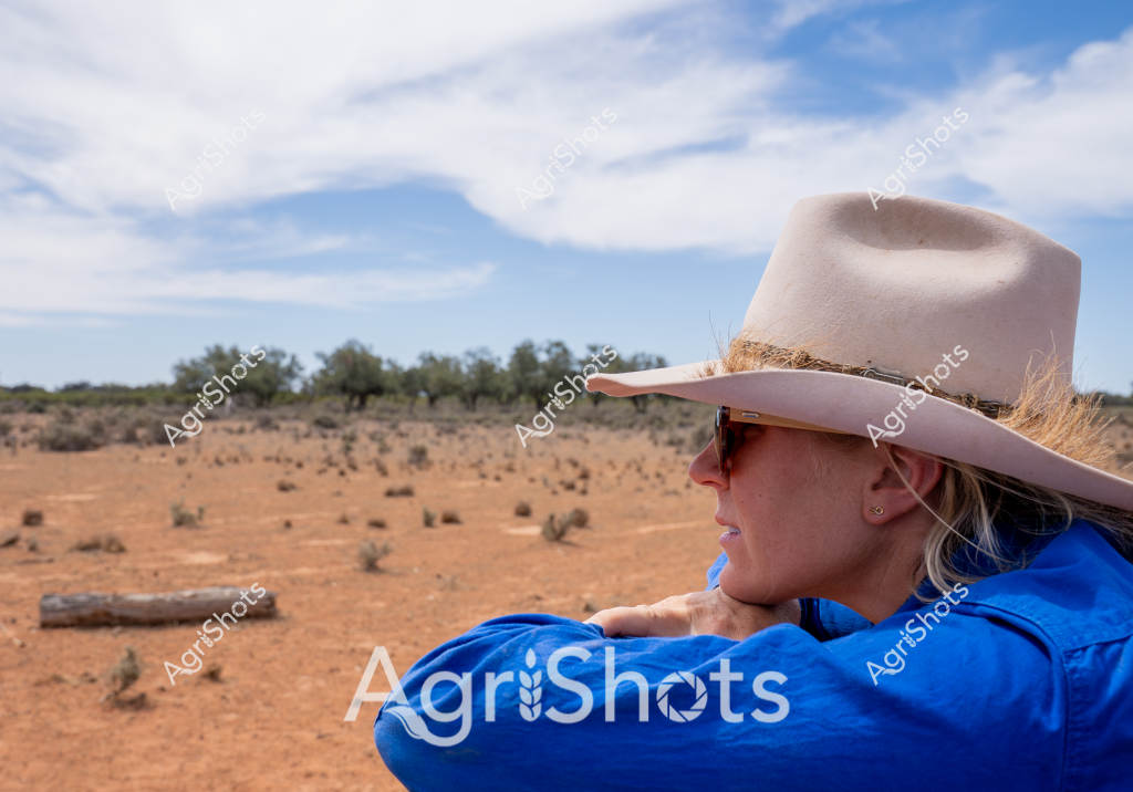 A woman wearing a light-colored wide-brimmed hat and sunglasses surveys a dry, rocky Australian outback landscape from a vantage point. Dressed in a bright blue long-sleeved shirt, she looks pensively across a rust-colored terrain scattered with sparse scrub vegetation and occasional rocks. The expansive sky overhead is a soft blue with wispy white clouds, suggesting a typical arid region scene. The landscape appears parched and rugged, characteristic of inland Australian pastoral regions, with scattered low bushes and a distant treeline indicating a remote station or grazing property. Her posture and attire suggest she is likely a station worker or rural professional observing the condition of the land, embodying the resilient spirit of Australian rural workers.