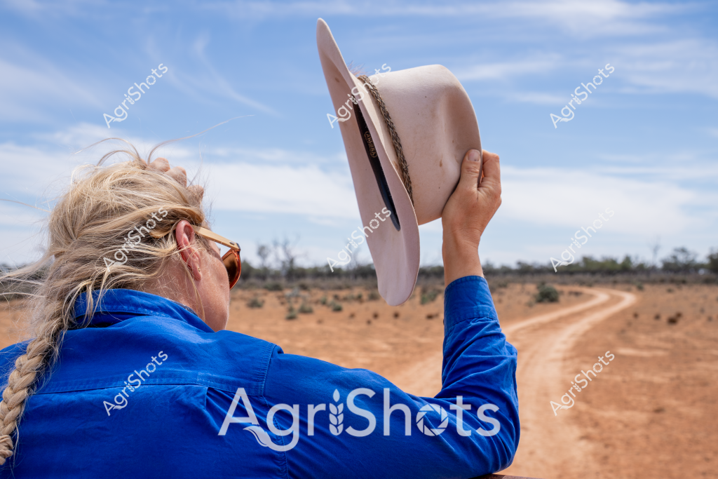 A woman in a bright blue work shirt stands on a dry, dusty rural track, holding up a wide-brimmed hat against a pale blue sky. Her blonde hair is pulled back in a braid, and she's wearing sunglasses, facing away from the camera towards an expansive arid landscape. The scene captures the harsh beauty of the Australian outback, with a dirt road stretching into the distance through sparse, scrubby terrain. Her raised hat suggests a moment of pause, perhaps to shield from the intense sunlight or to get a better view of the surrounding landscape. The blue of her shirt stands out vividly against the ochre and brown tones of the dry ground, embodying the resilience of rural workers in challenging environmental conditions.