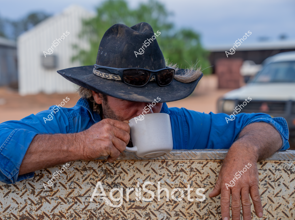 A weathered man in a blue denim shirt and black cowboy hat takes a moment of respite, sipping from a white mug while leaning on a textured metal surface. Wearing dark sunglasses and sporting a hint of facial hair, he appears to be on a rural property, with farm buildings and vehicles visible in the blurred background. The man's posture suggests a pause during a long day of agricultural work, his outfit and accessories typical of an Australian rural worker. The metal surface he leans on looks like a weathered utility vehicle or equipment platform, with a distinctive diamond-plate texture. The scene captures a quintessential moment of quiet reflection in the midst of a busy farming environment, with the soft blue sky and green trees in the distance suggesting a mild day in the agricultural landscape.