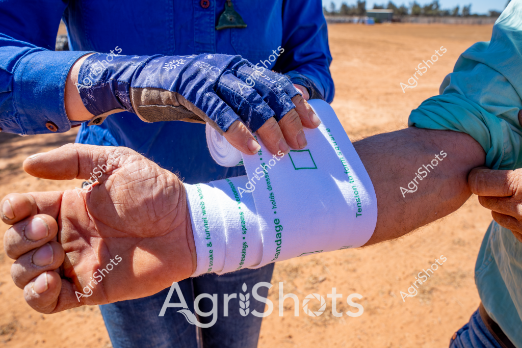A worker wearing blue protective clothing and a detailed blue patterned glove is carefully applying a medical or scientific bandage to another person's arm. The setting appears to be an outdoor location with reddish-brown earth or dust visible in the background, suggesting a rural or agricultural environment. The blue gloved hand is positioning a white medical/scientific document or wrap around the arm with precision. Only the arms and hands of two individuals are visible in the image, with the detailed glove and careful positioning indicating a professional and methodical approach to the task. The bright sunlight and dusty background suggest this is taking place during daylight hours in a dry, possibly arid agricultural region.