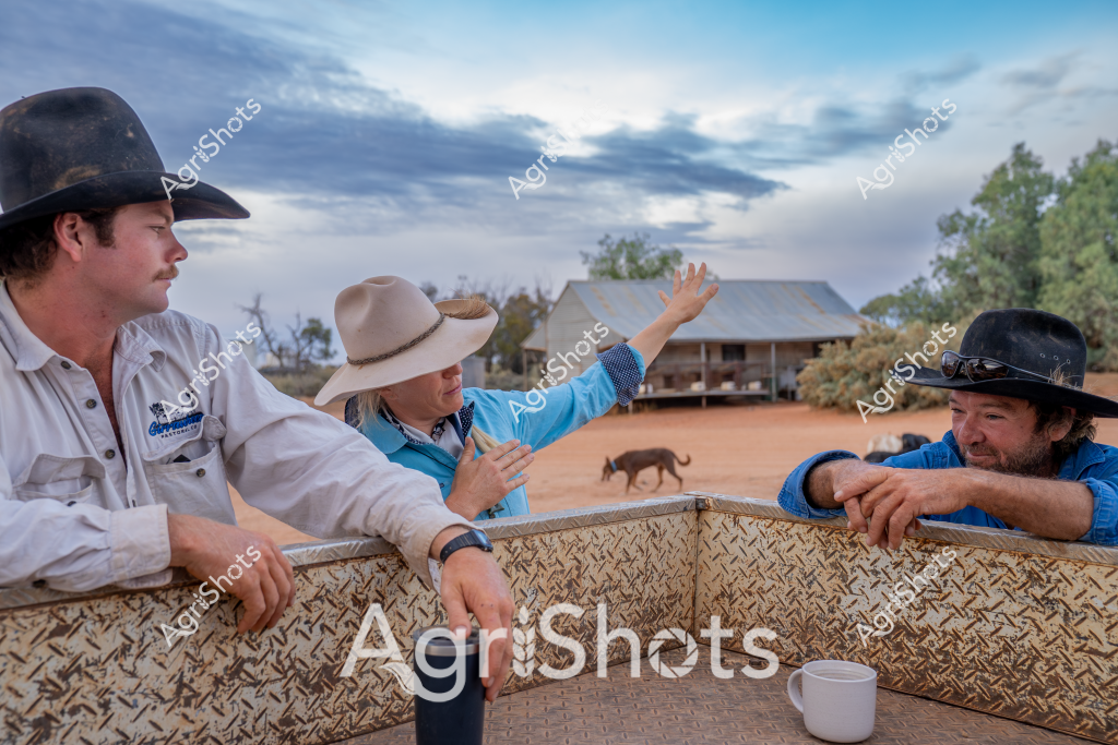 A quintessential outback scene unfolds at a rural homestead, with three men in wide-brimmed hats gathered around a textured metal barrier. A dog wanders across the dusty red earth in the background, while a corrugated iron shed and sparse trees complete the landscape. A man in a white work shirt leans casually on the fence, while another in a blue shirt gestures animatedly, suggesting an ongoing conversation about station life. The third man, also wearing a black cowboy-style hat, listens intently. The cloudy sky and muted earth tones capture the rugged atmosphere of an Australian rural property, with the men's relaxed postures and bush attire reflecting the resilient spirit of outback workers. A white coffee mug sits on the fence, hinting at a moment of respite during a busy day of station work.