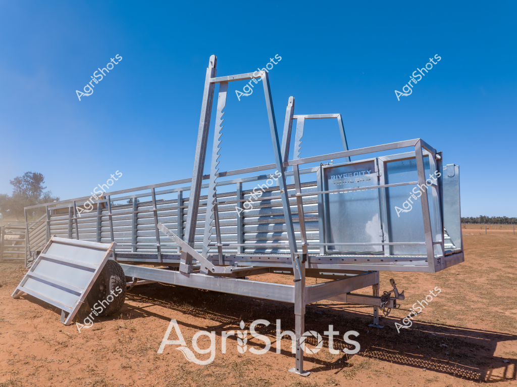 A River City livestock trailer sits ready on a dry, reddish-brown rural paddock under a brilliant blue Australian sky. This robust, all-aluminum stock trailer features multiple vertical support frames, adjustable gates, and a sturdy chassis designed for transporting livestock across challenging agricultural terrain. The trailer's metallic silver-gray construction suggests durability and professional-grade engineering, with carefully engineered loading ramps and side panels that provide ventilation and secure containment for cattle, sheep, or other farm animals. Its substantial build reflects the demanding requirements of Australian rural transportation, built to withstand harsh outback conditions and provide reliable stock movement for farmers and station managers. The clear, cloudless sky and arid ground indicate a typical dry season environment, characteristic of many agricultural regions across Australia's inland areas.