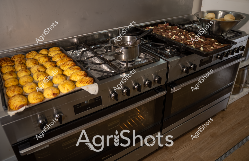 Based on the image, here's a detailed description for an agricultural stock photography collection:

Golden pastries blanket the stovetop in a professional kitchen setting, showcasing what appear to be freshly baked dinner rolls or small golden-brown potato dishes. The stainless steel commercial-grade stove features multiple gas burners, with a large pot positioned centrally and another tray of darker, possibly roasted items to the right side. The precise arrangement and uniform coloration of the golden baked goods suggest careful preparation, likely in a commercial bakery or restaurant kitchen environment. A metal bowl of additional ingredients sits to the right, indicating an ongoing cooking or baking process. The gleaming stainless steel surfaces and meticulously arranged food items highlight the precision and professionalism of culinary food preparation.