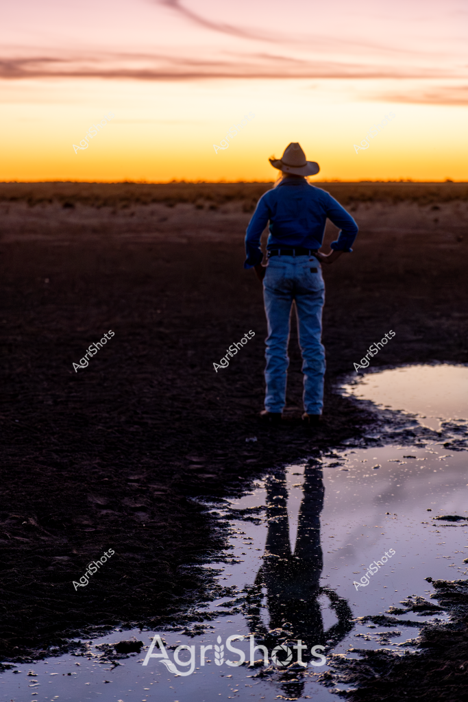 A man stockman stands silhouetted against a stunning sunset landscape, facing away from the camera in classic rural Australian attire. Wearing a wide-brimmed cowboy hat and blue work shirt with denim jeans, he surveys the expansive, arid horizon where golden yellow sky meets dark earth. His reflection is perfectly mirrored in a shallow water puddle in the foreground, creating a symmetrical composition that captures the solitary nature of outback life. The scene evokes a sense of quiet contemplation, with the figure seemingly paused at the boundary between land and twilight, embodying the introspective spirit of rural Australian workers. The low-angled light casts long shadows and creates a warm, amber-toned atmosphere that speaks to the rugged beauty of the agricultural landscape.